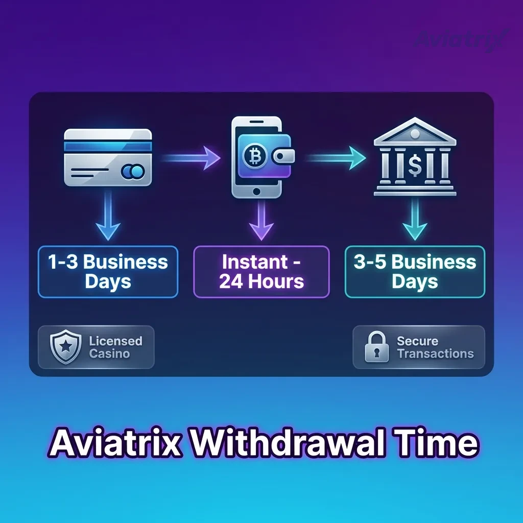 Infographic showing Aviatrix withdrawal times for UPI, wallets, bank transfer, cards, and crypto with varying speeds