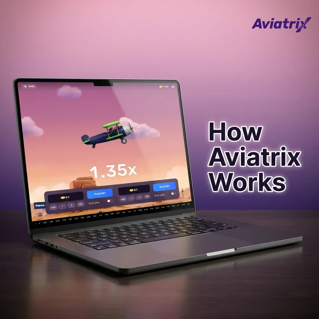 Diagram titled “How Aviatrix Works” showing a rising plane, bet amount, multiplier increasing, and a cash out button before crash