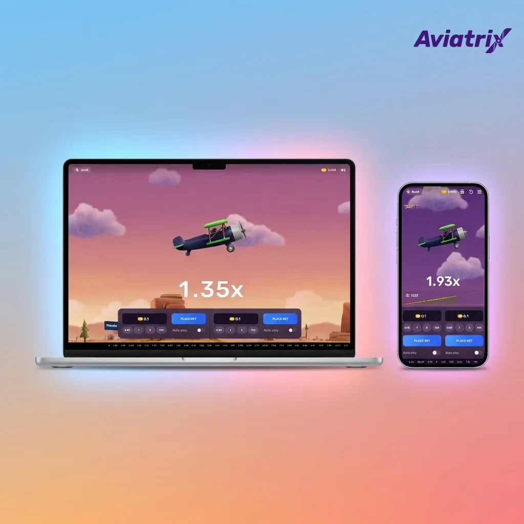 Illustration of Aviatrix game screens on Android, iOS, Windows, and macOS devices, highlighting cross-platform support