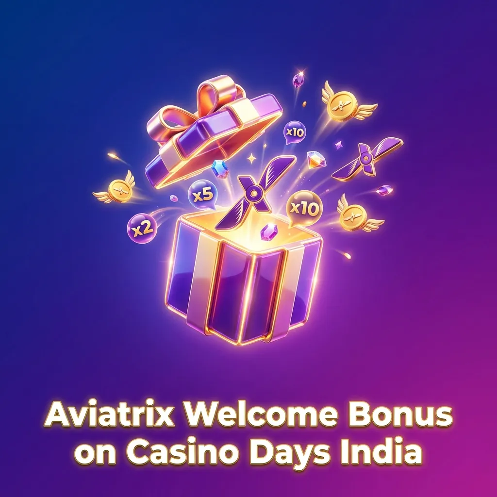 Colorful Casino Days India ad highlighting “200% + 500 Free Bet” Aviatrix welcome bonus with steps to claim on mobile app