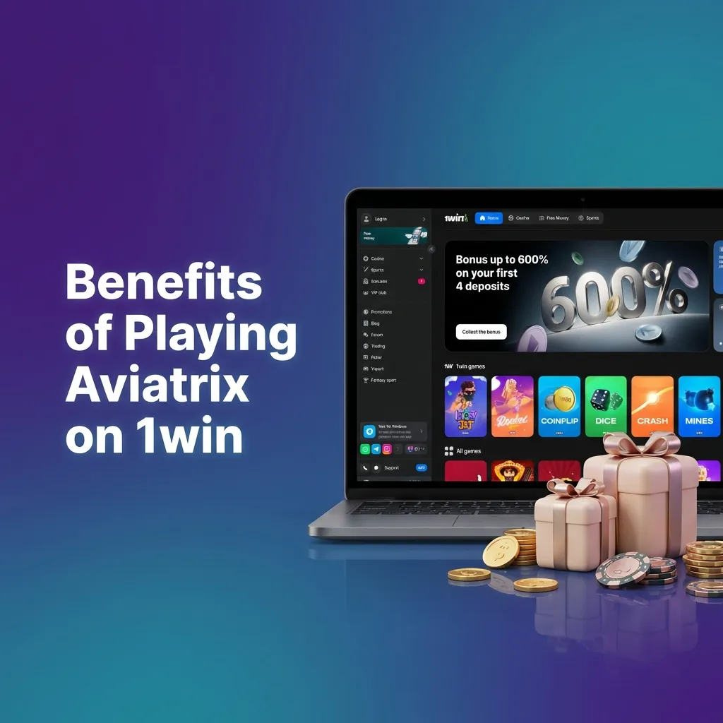 Infographic showing Aviatrix on 1win benefits: 97% RTP, live stats, fast rounds, auto cashout, INR support, 24/7 chat