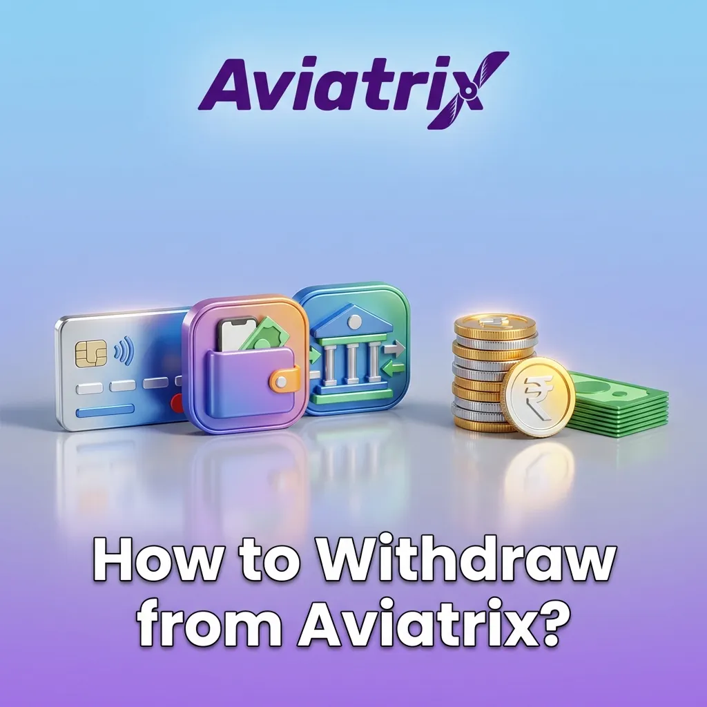 Illustrated Aviatrix app screen showing withdrawal steps: KYC, open Wallet, tap Withdraw, set amount, confirm, wait for payout