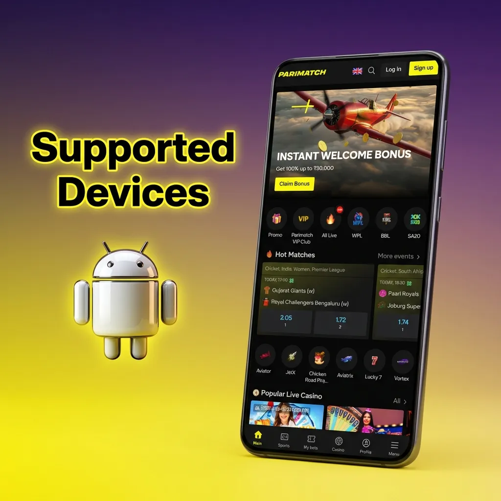 Grid of Android phones with labels like Redmi, Samsung, OnePlus, titled “Supported devices for Aviatrix Parimatch.”