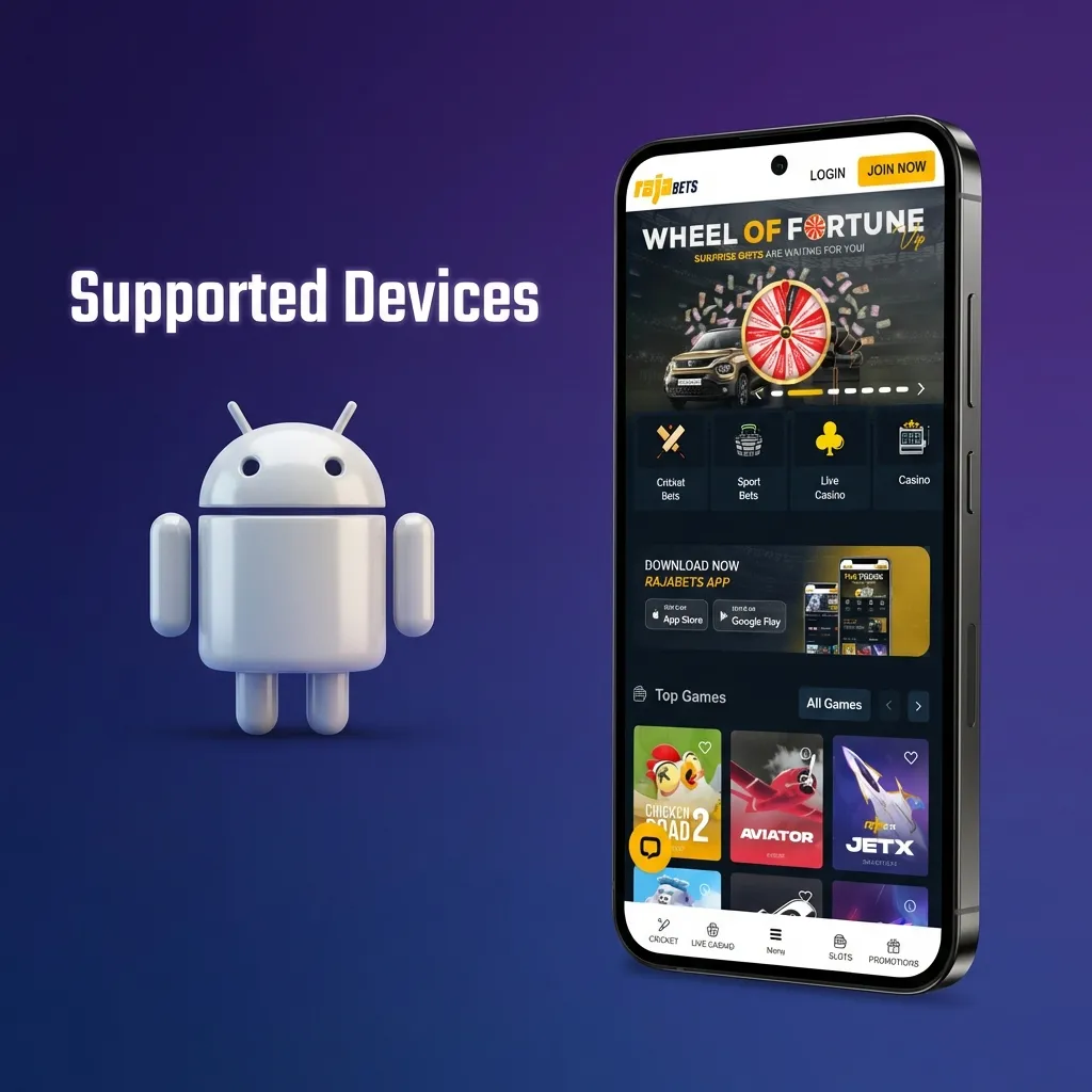 Graphic listing tested Android phones for RajaBets Aviatrix, showing budget, mid-range, and flagship models from 2020–2025